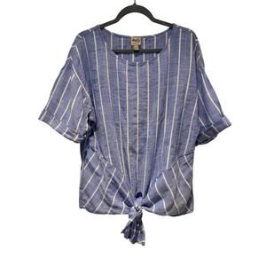 VINTAGE COMO Sz L Blue & White Linen Front Bottom Tie Women’s Top | GUC